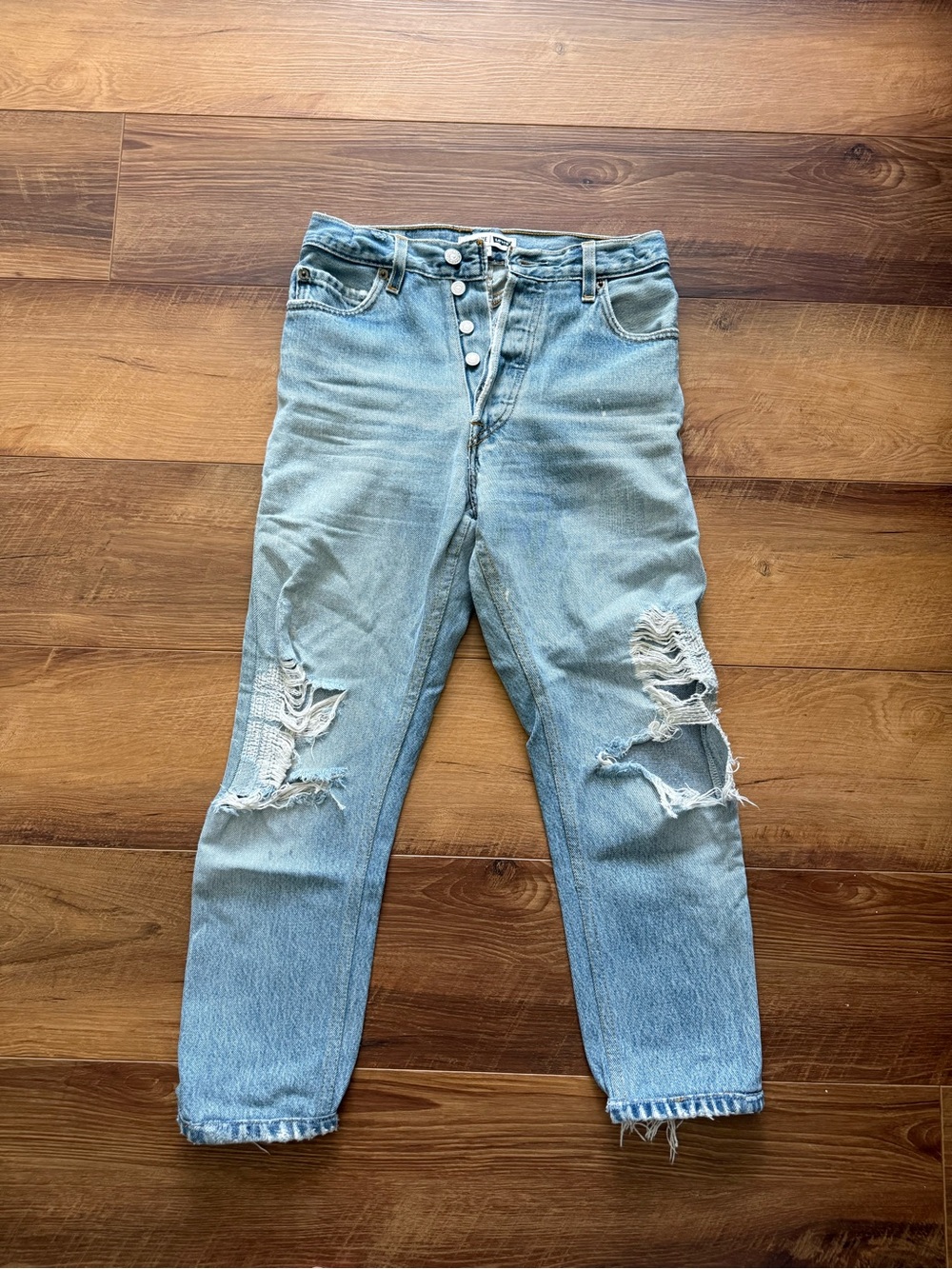 Re/Done Light Blue Distressed Slim Straight Jeans